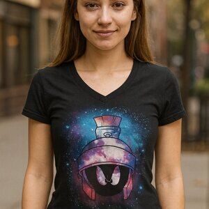 Looney Tunes Marvin The Martian Galaxy Girls T-Shirt V-neck Shirt Size Medium